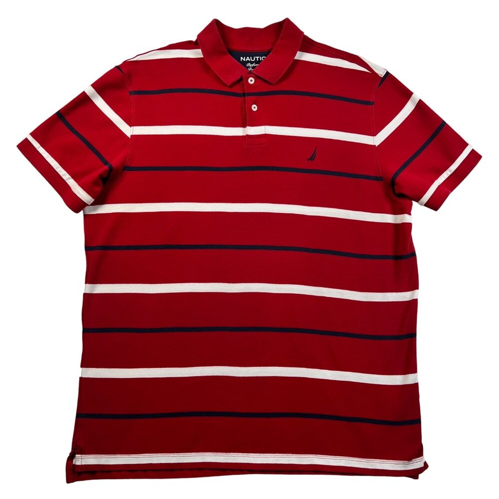 NAUTICA Shirt Men's Striped Short Sleeve Collared Cotton Polo Red Blue White XL